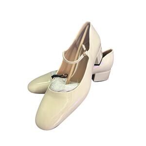 NWT Zara Women's 9 Cream Color Chunky Heel Mary Jane Round Toe Patent Leather